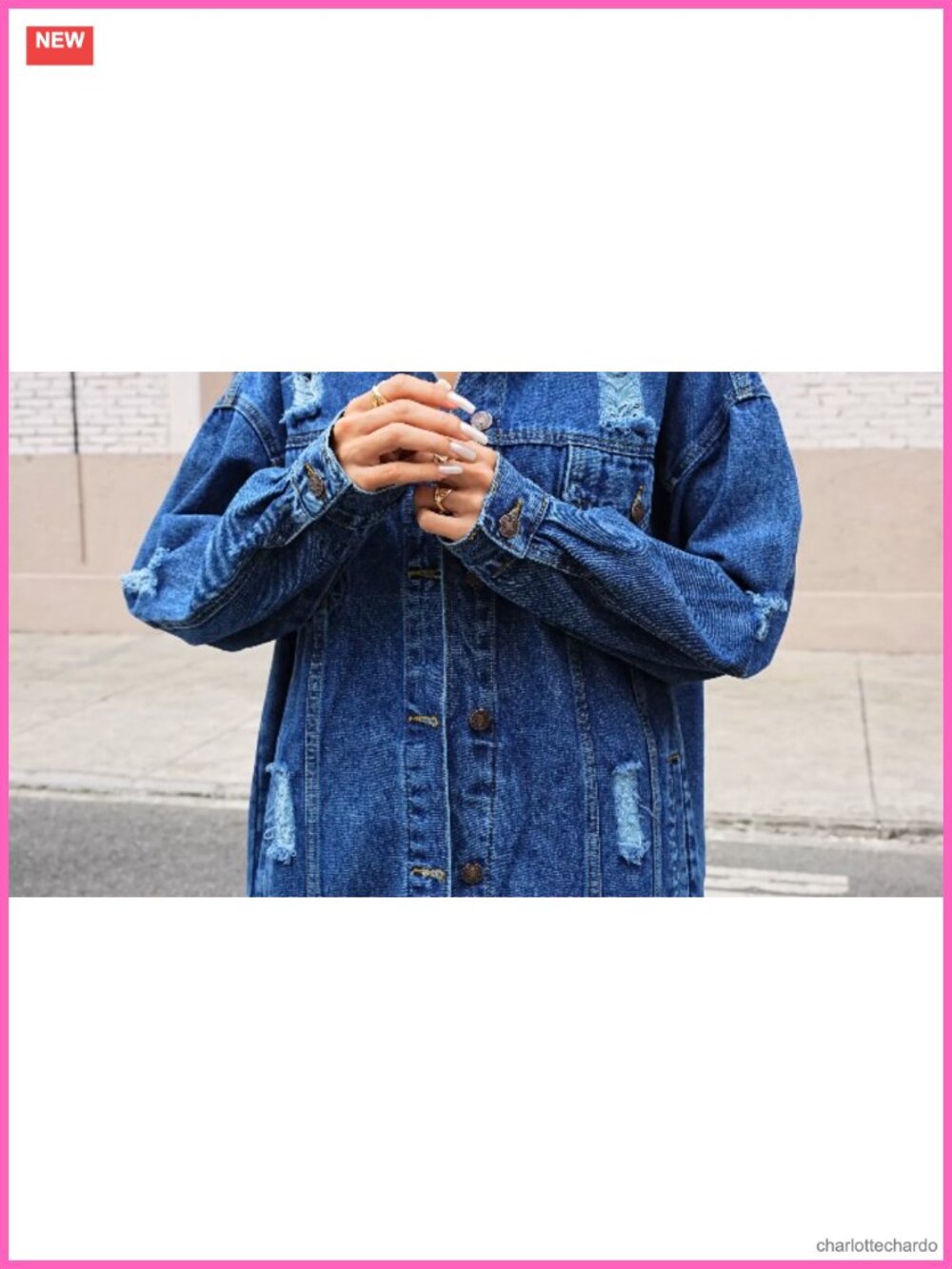 Oversized Boyfriend Denim Jacket Distressed Ripped Long Sleeve Women's Jean Coat - Picture 6 of 6